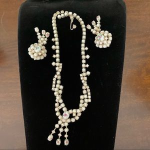 Vintage Rhinestone & Milk Glass Necklace and Earrings